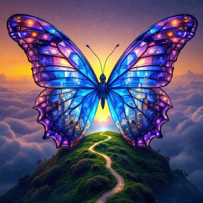 Primary subject: A butterfly with purple wings.
Setting/background: A hillside with a path leading upwards.
Visual style: Digital art.
Colors and mood: The butterfly has purple wings, and the overall atmosphere is serene and peaceful.